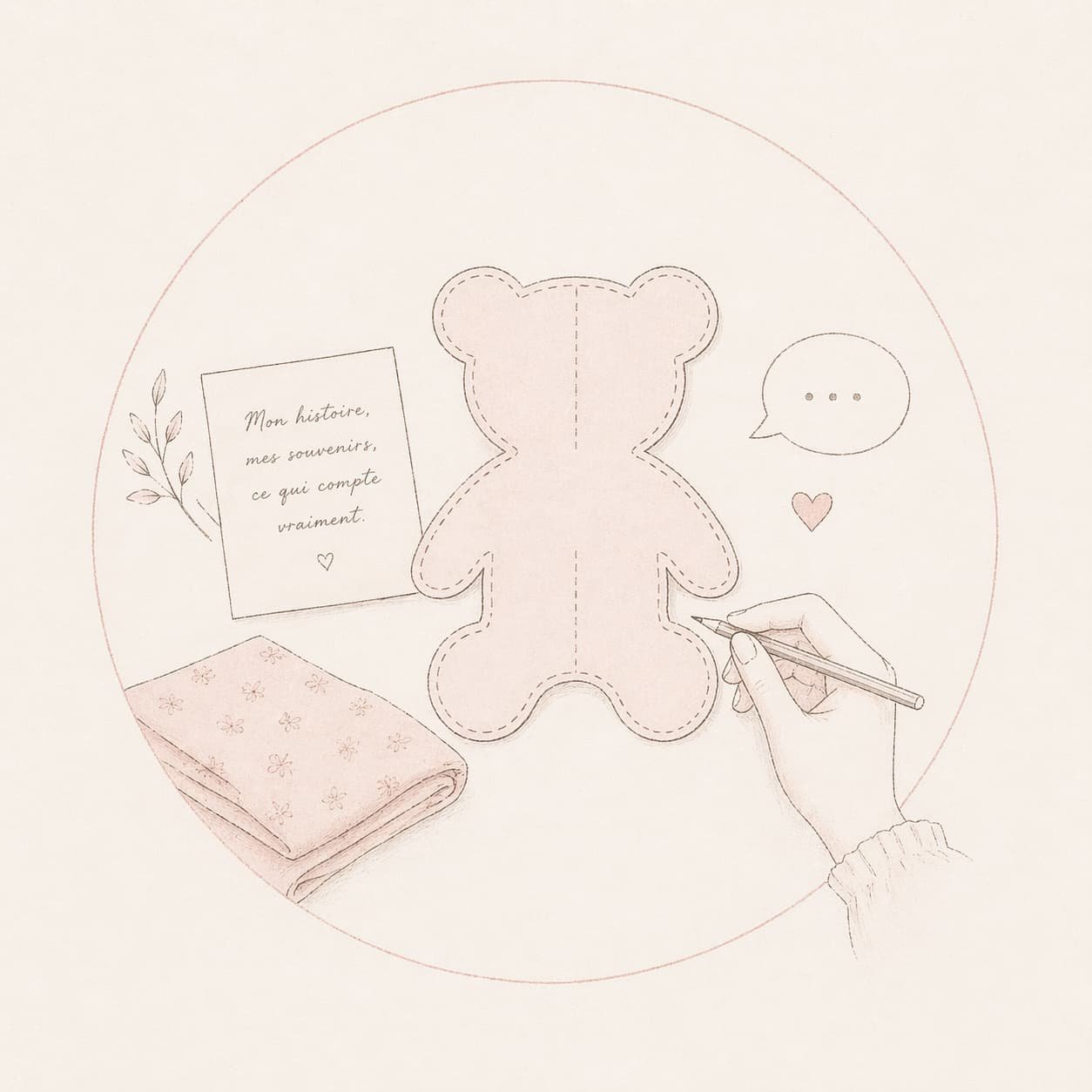Main qui dessine le patron d'un ours sur du tissu