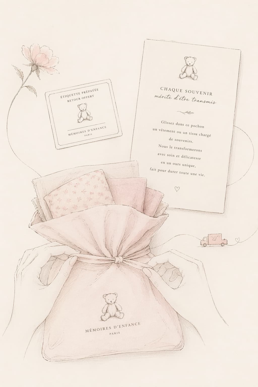 Pochon rose et etiquette prépayée