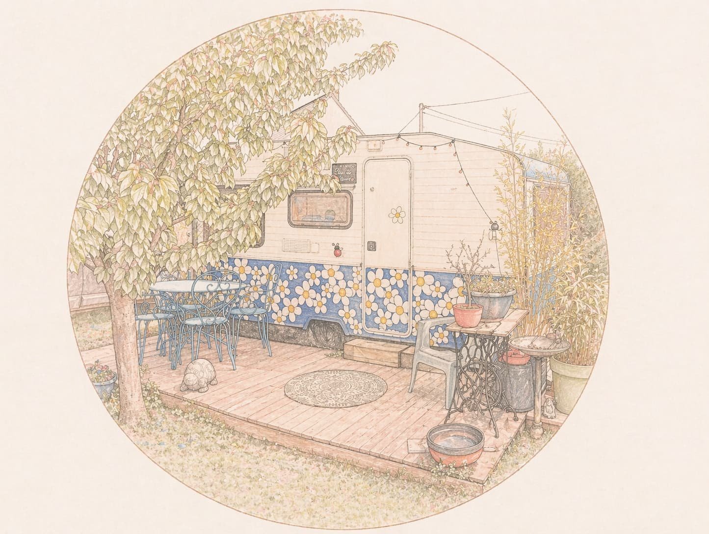 Illustration : l'arrivée de la caravane au jardin