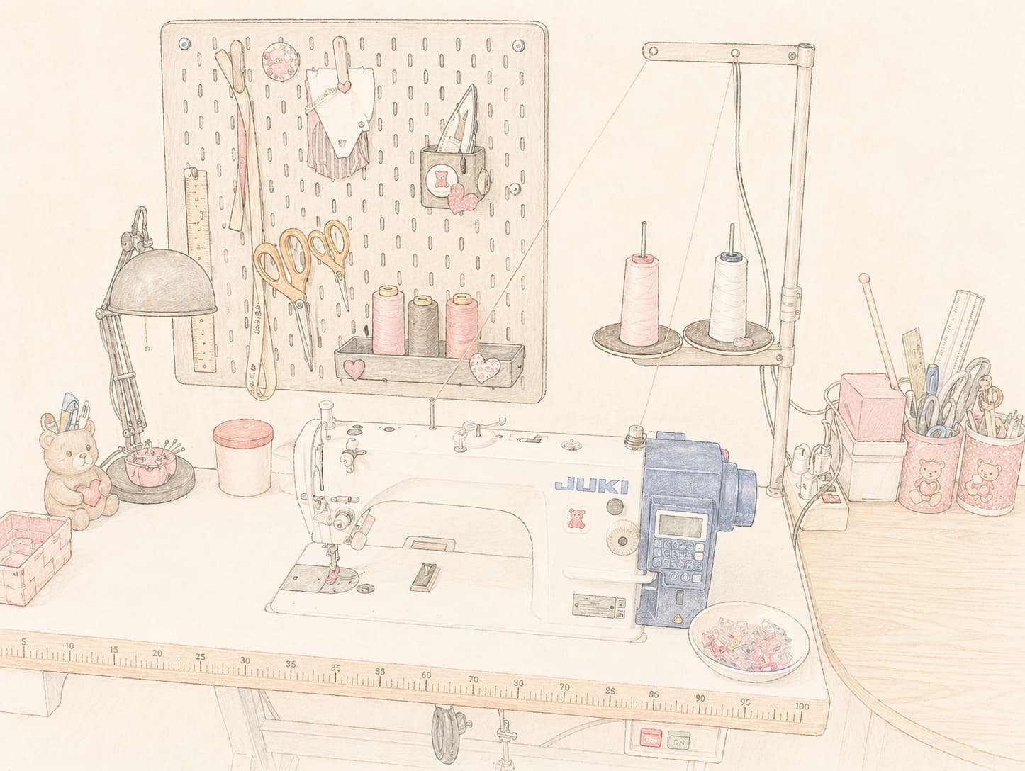 Illustration du poste de couture : machine Juki, fils roses, ciseaux et bobines