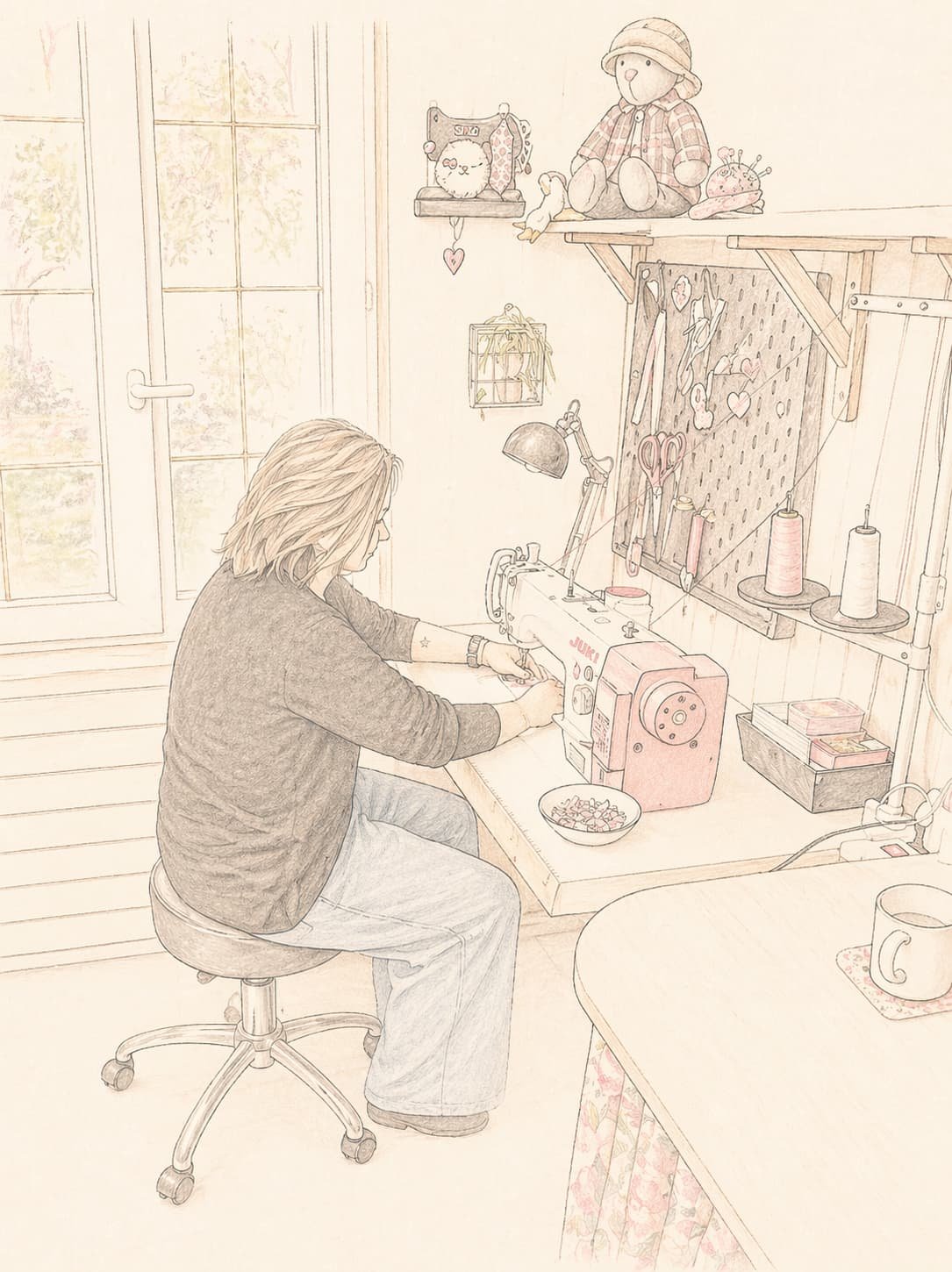 Illustration de Kathy dans son atelier d'ours de mémoire, à sa machine à coudre
