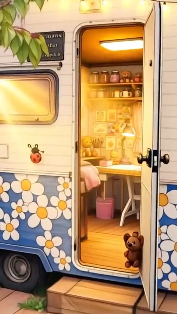 L'atelier d'Ours de Cœur — caravane fleurie, porte ouverte sur l'atelier